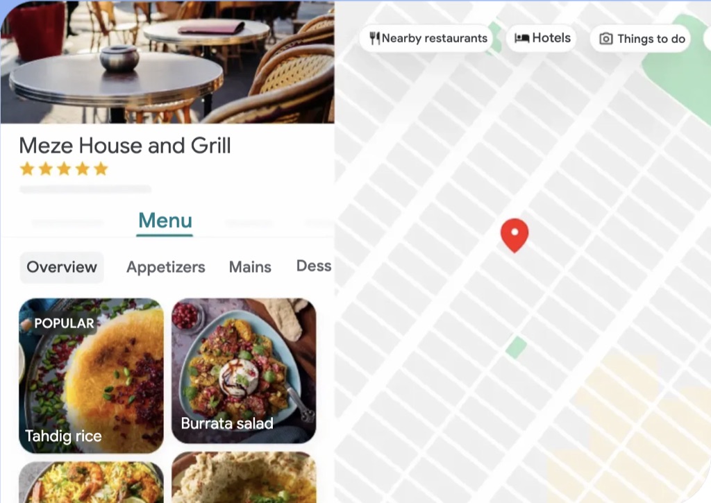 Ficha de Google Business Profile en Maps: foto de portada, nombre, estrellas, menu y ubicacion en el mapa